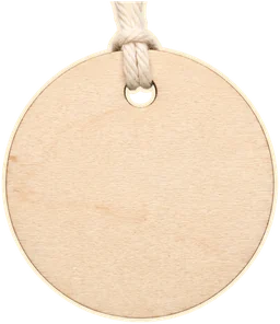 A wooden tag on a thread