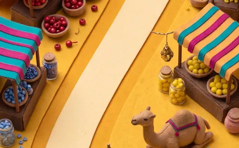 Bazaar: striped awnings, bowls of beads and a felt camel.
