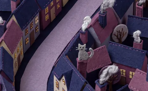 Midnight: plum rooftops and chimneys under a night sky.