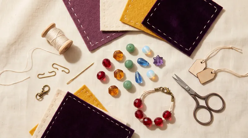 The table: felt swatches with a running stitch, a spool, a needle, brass hooks and a clasp, wooden tags, a scatter of glass beads, a finished bracelet of six ruby beads, and embroidery scissors on linen.
